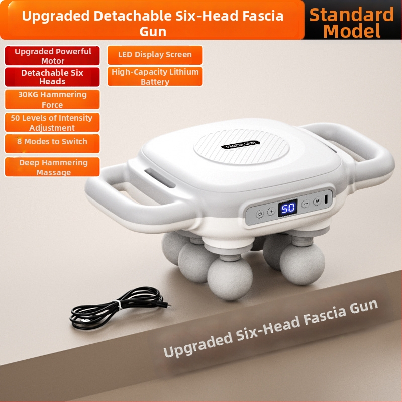Šešių galvų fascijos masažuoklis su įmontuota baterija 2000–4000 mAh, veikimo laikas 6–8 valandos, daugiau nei 5 greičio režimai, tyliai veikia (<36 dB)