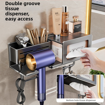 Plaukų džiovintuvo laikiklis su integruota rankšluosčio ir servetėlių saugykla – gręžimo nereikalaujanti įranga, aliuminio lydinys, 30 kg apkrova