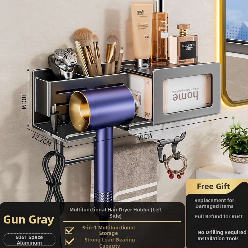 Plaukų džiovintuvo laikiklis su integruota rankšluosčio ir servetėlių saugykla – gręžimo nereikalaujanti įranga, aliuminio lydinys, 30 kg apkrova