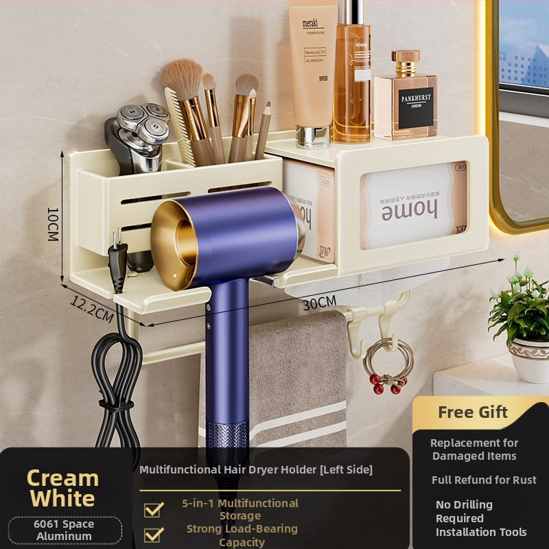 Plaukų džiovintuvo laikiklis su integruota rankšluosčio ir servetėlių saugykla – gręžimo nereikalaujanti įranga, aliuminio lydinys, 30 kg apkrova