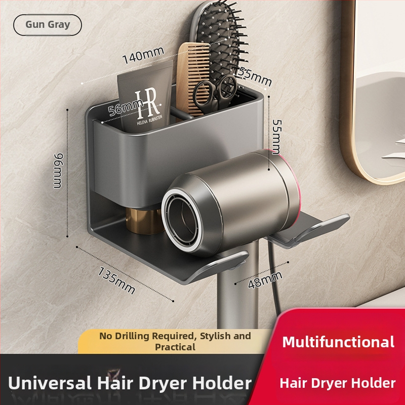 Plaukų džiovintuvo laikiklis su integruota rankšluosčio ir servetėlių saugykla – gręžimo nereikalaujanti įranga, aliuminio lydinys, 30 kg apkrova