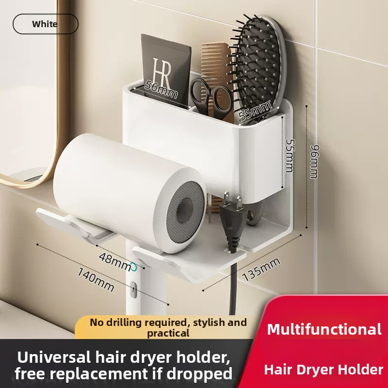 Plaukų džiovintuvo laikiklis su integruota rankšluosčio ir servetėlių saugykla – gręžimo nereikalaujanti įranga, aliuminio lydinys, 30 kg apkrova