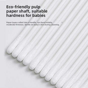 Kūdikių medvilniniai vatos lazdelių su dviguba šaukštelio galvute ausų ir nosies valymui – 100% medvilnė, viengubas sluoksnis, pakuotė 120 vnt