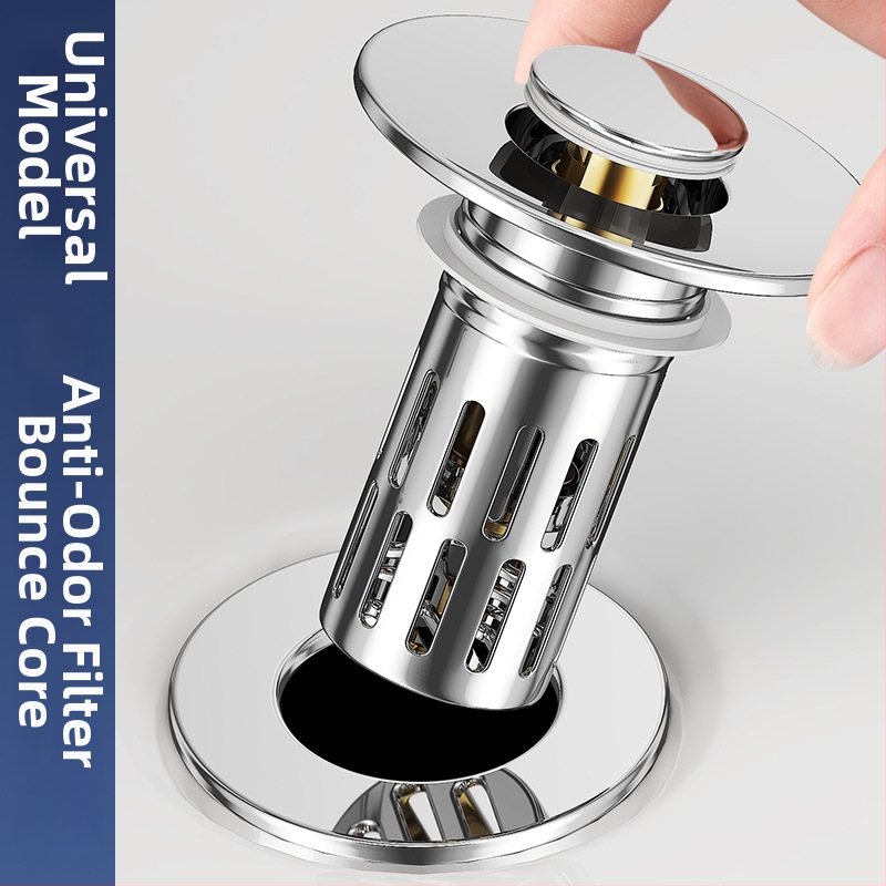 Дренажна запушалка за умивалник, Bounce тип, филтър за мирис, праволинеен дизайн, материали: ABS + неръждаема стомана + мед, модерен минималистичен стил