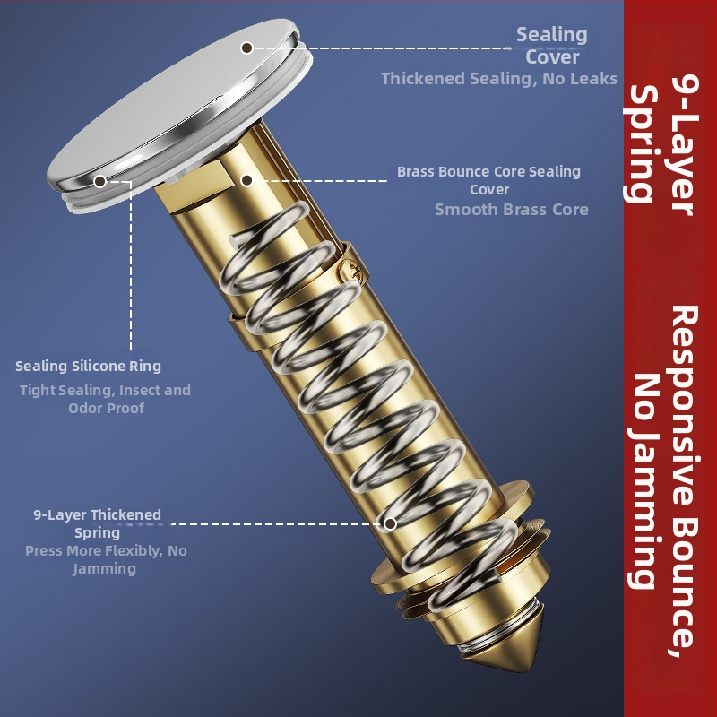 Дренажна запушалка за умивалник, Bounce тип, филтър за мирис, праволинеен дизайн, материали: ABS + неръждаема стомана + мед, модерен минималистичен стил