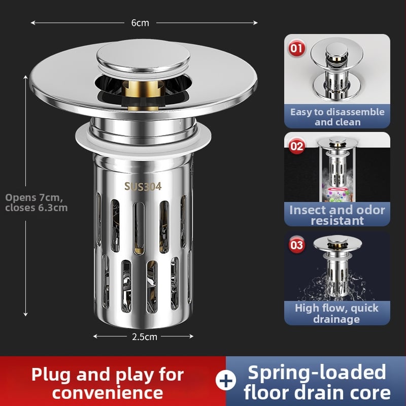 Дренажна запушалка за умивалник, Bounce тип, филтър за мирис, праволинеен дизайн, материали: ABS + неръждаема стомана + мед, модерен минималистичен стил