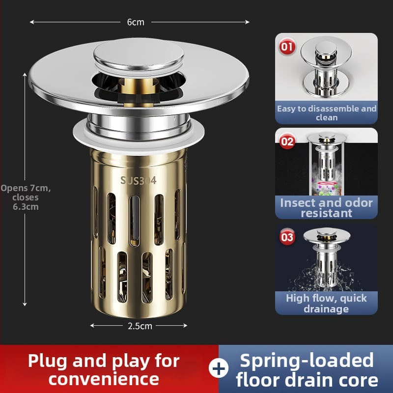 Дренажна запушалка за умивалник, Bounce тип, филтър за мирис, праволинеен дизайн, материали: ABS + неръждаема стомана + мед, модерен минималистичен стил
