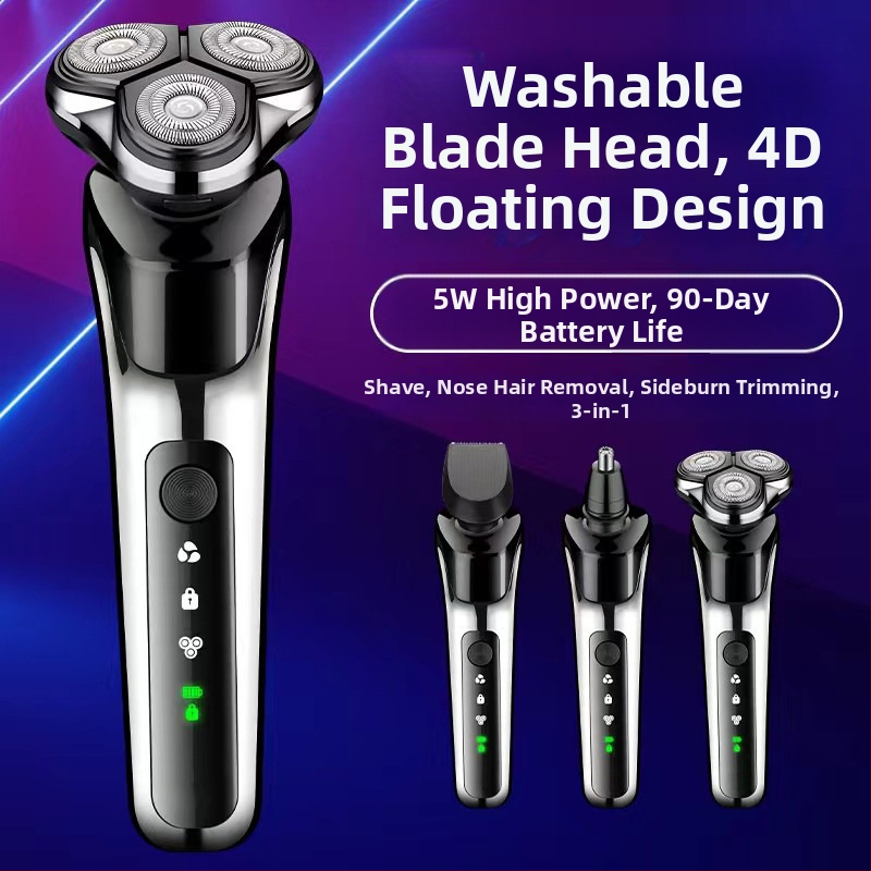 Elektrinis skutimosi prietaisas su plaukiojančia 3 peilių galva, nuimamama ir plaunama pjovimo galvutė, įmontuota baterija 300–500 mAh, veikimo laikas iki 60 min, įkrovimo laikas 1 val