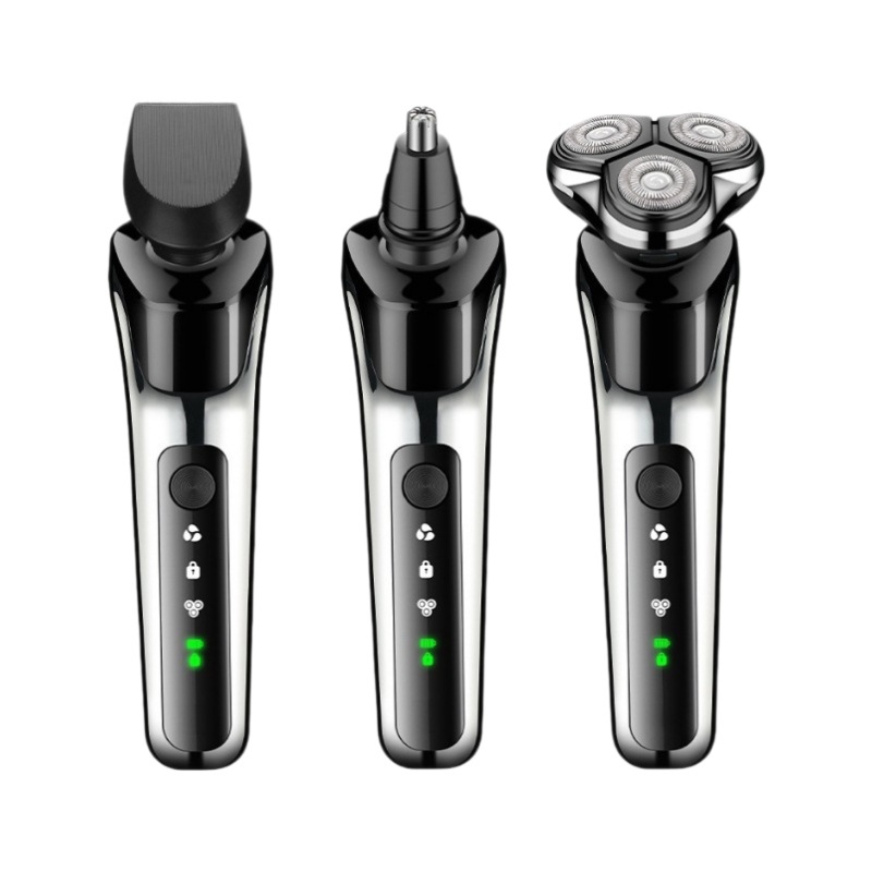 Ηλεκτρική ξυριστική μηχανή με πλωτή περιστρεφόμενη κεφαλή 3 λεπίδων, αποσπώμενη και πλενόμενη κεφαλή, ενσωματωμένη μπαταρία 300–500 mAh, αυτονομία έως 60 λεπτά, χρόνος φόρτισης 1 ώρα