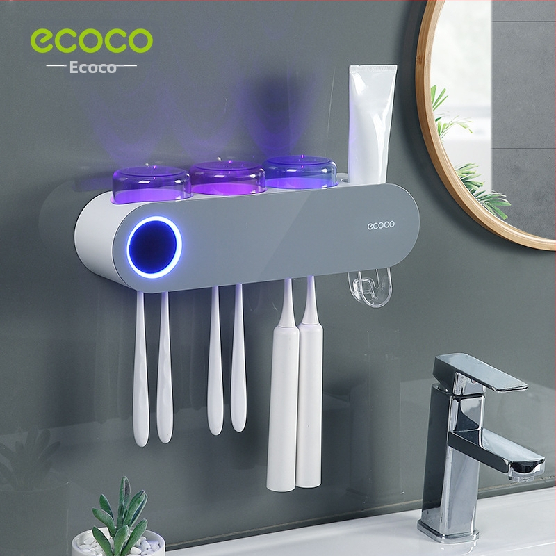 Šepetėlių laikiklis su išmaniuoju džiovinimu ir UV sterilizacija, 3 skyriai, su siurbtuku tvirtinimu, su dantų pastos išspaudikliu