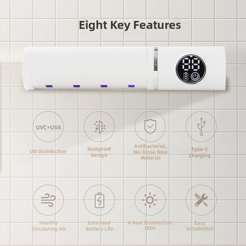 Смарт стерилизатор за четки за зъби, SH-12 модел, стенен монтаж без пробиване, USB захранване, интелигентно автоматично управление, дезинфекция с пурпурна светлина за 3-5 мин.