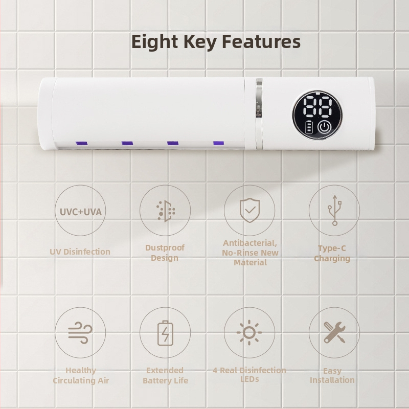 Смарт стерилизатор за четки за зъби, SH-12 модел, стенен монтаж без пробиване, USB захранване, интелигентно автоматично управление, дезинфекция с пурпурна светлина за 3-5 мин.