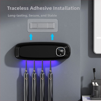 Интелигентен стерилизатор за четки за зъби YK-008 — UV-C дезинфекция и сушене с въздух, 3-мин цикъл, 5W, стенен монтаж без следи от лепило