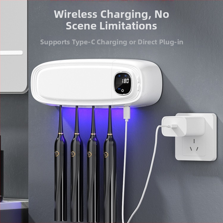 Интелигентен стерилизатор за четки за зъби YK-008 — UV-C дезинфекция и сушене с въздух, 3-мин цикъл, 5W, стенен монтаж без следи от лепило
