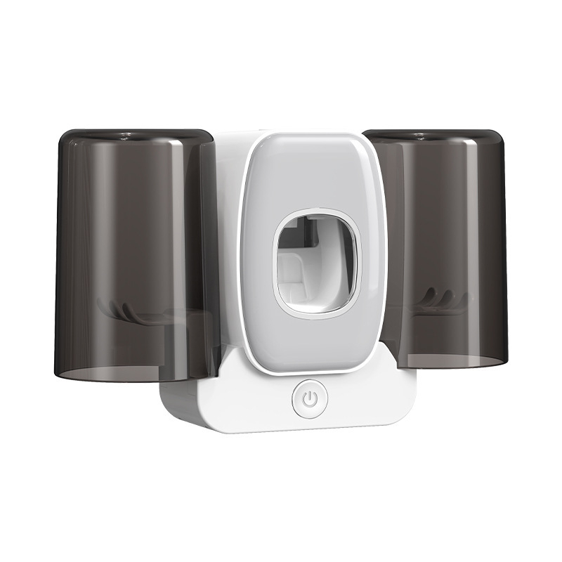 Falihoz rögzíthető fogkefetartó UV-s fertőtlenítéssel, fogkrémnyomóval és dupla pohár tárolóval, műanyag