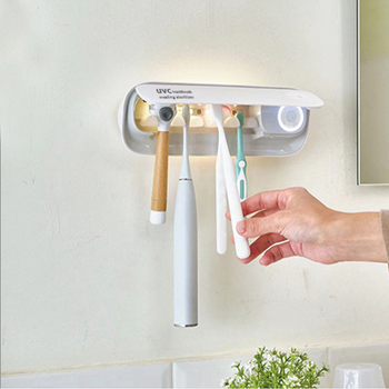 Sieninis dantų šepetėlių laikiklis su UV sterilizacija, infraraudonųjų spindulių jutikliu ir lietimui jautriu skydeliu, modelis JMK-M4, įmontuota įkraunama baterija