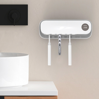 Sieninis dantų šepetėlių laikiklis su UV sterilizacija, infraraudonųjų spindulių jutikliu ir lietimui jautriu skydeliu, modelis JMK-M4, įmontuota įkraunama baterija