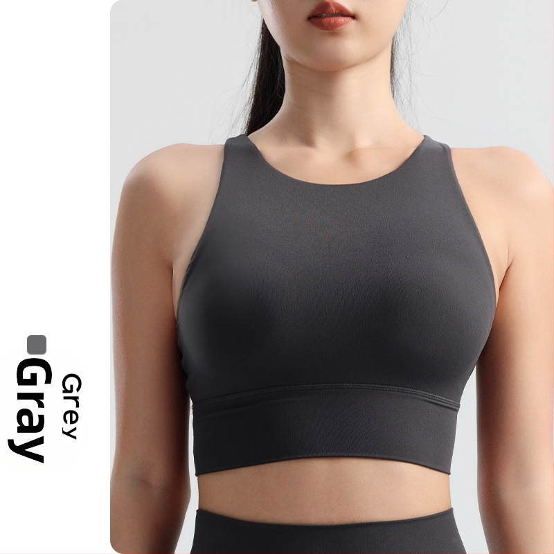 Sportinė liemenėlė jogos ir bėgimui, formuoti puodeliai su įmontuotais įdėklais, be plieno lankų, su fiksuotomis dvigubomis petnešomis