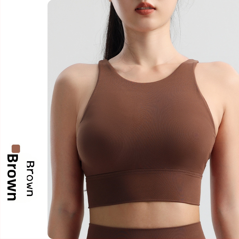 Sportinė liemenėlė jogos ir bėgimui, formuoti puodeliai su įmontuotais įdėklais, be plieno lankų, su fiksuotomis dvigubomis petnešomis