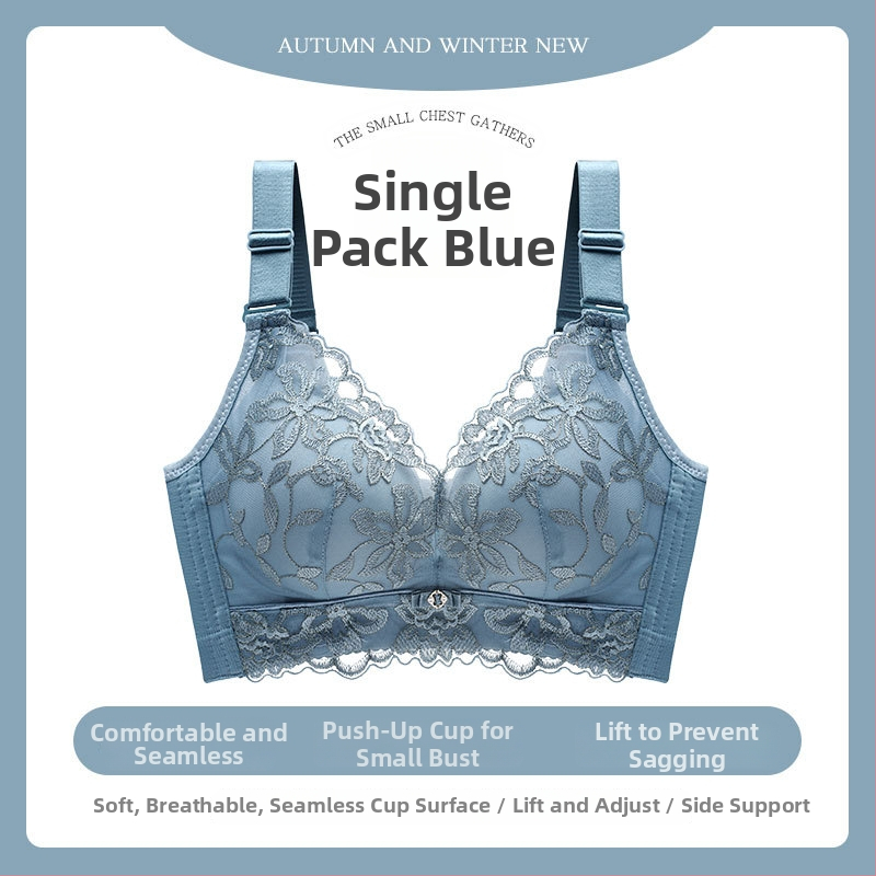 Moteriška be plieno žiedų push-up liemenėlė su nėrinių siuvinėjimu, kvėpuojanti, reguliuojami dirželiai