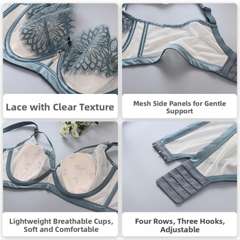 Prancūziško stiliaus nėrinių liemenėlė su plieniniu žiedu, plonos formuojamos kaušeliai, nugaros trijų eilių sagtelės, fiksuotos dvigubos petnešėlės