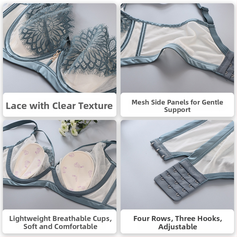 Francijas stila mežģīņu krūšturis ar tērauda gredieniem, plāni formēti krūšu kausi, aizmugurē trīs rindas aizdares, fiksētas dubultās siksnas