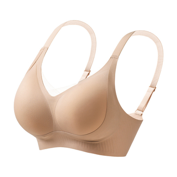 Bešepienė liemenėlė mažoms krūtims, be metalo žiedų, 3/4 puodelio, plonos formuojančios kaušės, nugaros trijų eilių užsegimas, fiksuotos dvigubos petnešos; pagrindinis audinys: nailonas; įdaila: spandeks