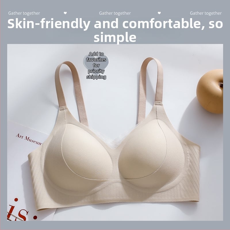 Bešepienė liemenėlė mažoms krūtims, be metalo žiedų, 3/4 puodelio, plonos formuojančios kaušės, nugaros trijų eilių užsegimas, fiksuotos dvigubos petnešos; pagrindinis audinys: nailonas; įdaila: spandeks