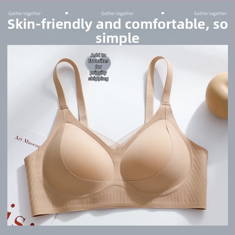 Bešepienė liemenėlė mažoms krūtims, be metalo žiedų, 3/4 puodelio, plonos formuojančios kaušės, nugaros trijų eilių užsegimas, fiksuotos dvigubos petnešos; pagrindinis audinys: nailonas; įdaila: spandeks