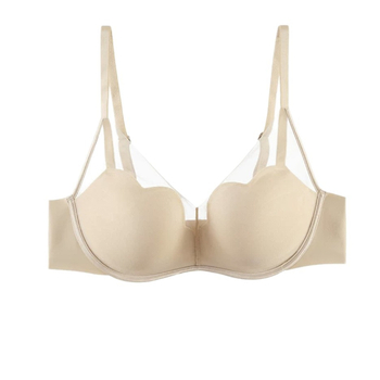 Bež žice push-up grudnjak od čipkaste mreže, duboki V dekolte, najlon vanjska tkanina, podstava od poliestera, fiksni dvostruki naramenici