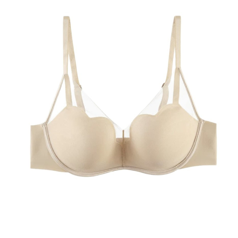 Bež žice push-up grudnjak od čipkaste mreže, duboki V dekolte, najlon vanjska tkanina, podstava od poliestera, fiksni dvostruki naramenici