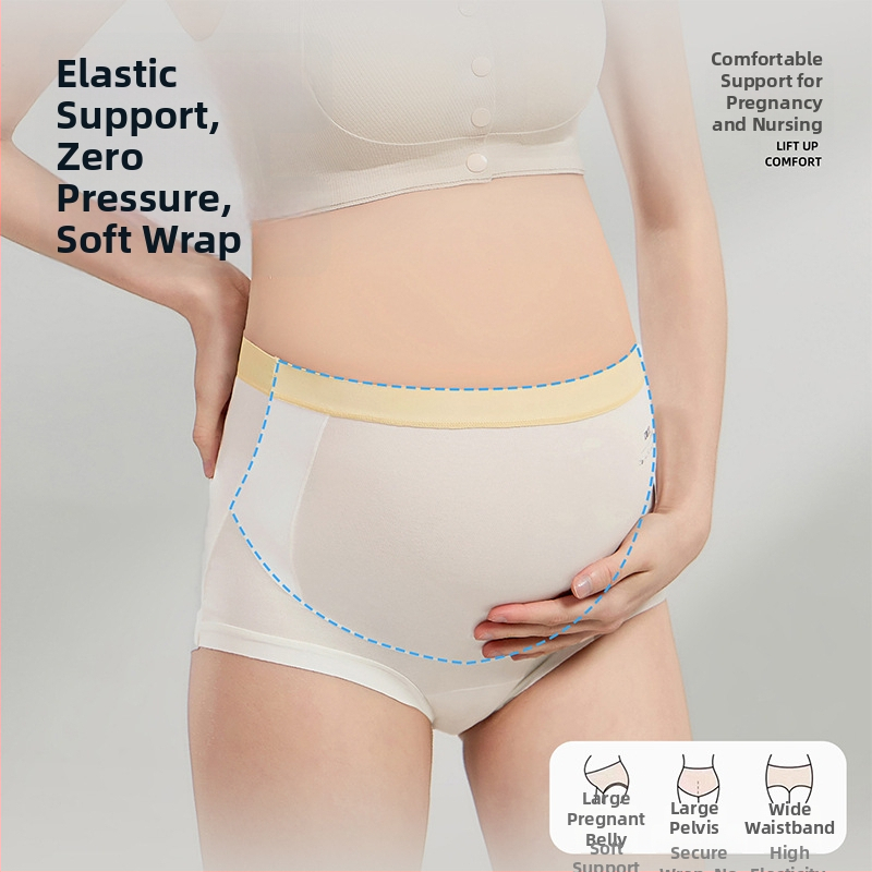 Nėščiųjų apatinių drabužių modelis su aukštu juosmeniu, pilvo parama, pagrindinis audinys 80–90% medvilnė, kirkšnies pamušalas 95–100% medvilnė