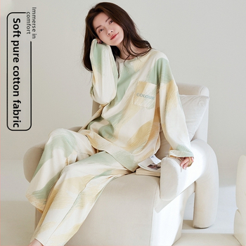 Naiste 100% puuvillast pyžama komplekt, pikkade varrukatega särgi ja püksid, ümmarguse kaelusega, hingav ja mugav, sobib kevadeks ja sügisel (riide tihedus 161-180 g/m2).