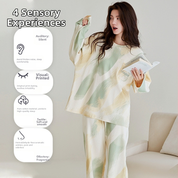 Naiste 100% puuvillast pyžama komplekt, pikkade varrukatega särgi ja püksid, ümmarguse kaelusega, hingav ja mugav, sobib kevadeks ja sügisel (riide tihedus 161-180 g/m2).