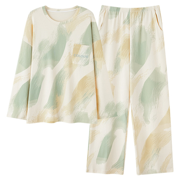 Naiste 100% puuvillast pyžama komplekt, pikkade varrukatega särgi ja püksid, ümmarguse kaelusega, hingav ja mugav, sobib kevadeks ja sügisel (riide tihedus 161-180 g/m2).