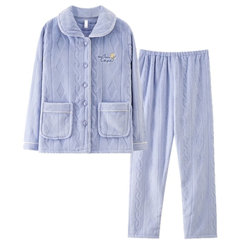 Ženski set pidžama od koralnog flisa, debeli toplinski poliester 95–100%, 251–300 g/m², rever s reverom, dugi rukavi i hlače (jesen/zima)