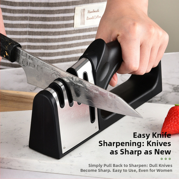 Keturi viename rankinis peilių aštrintuvas virtuvei su volframo plienu, keramikinėmis dalimis, ABS plastiku ir TPR rankenėle