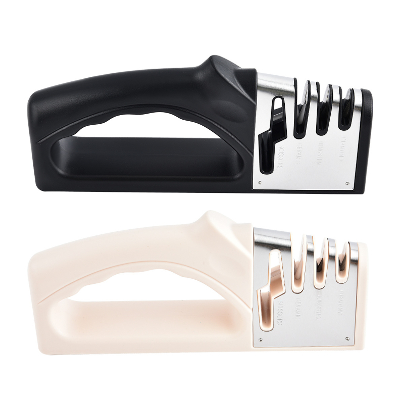 Keturi viename rankinis peilių aštrintuvas virtuvei su volframo plienu, keramikinėmis dalimis, ABS plastiku ir TPR rankenėle