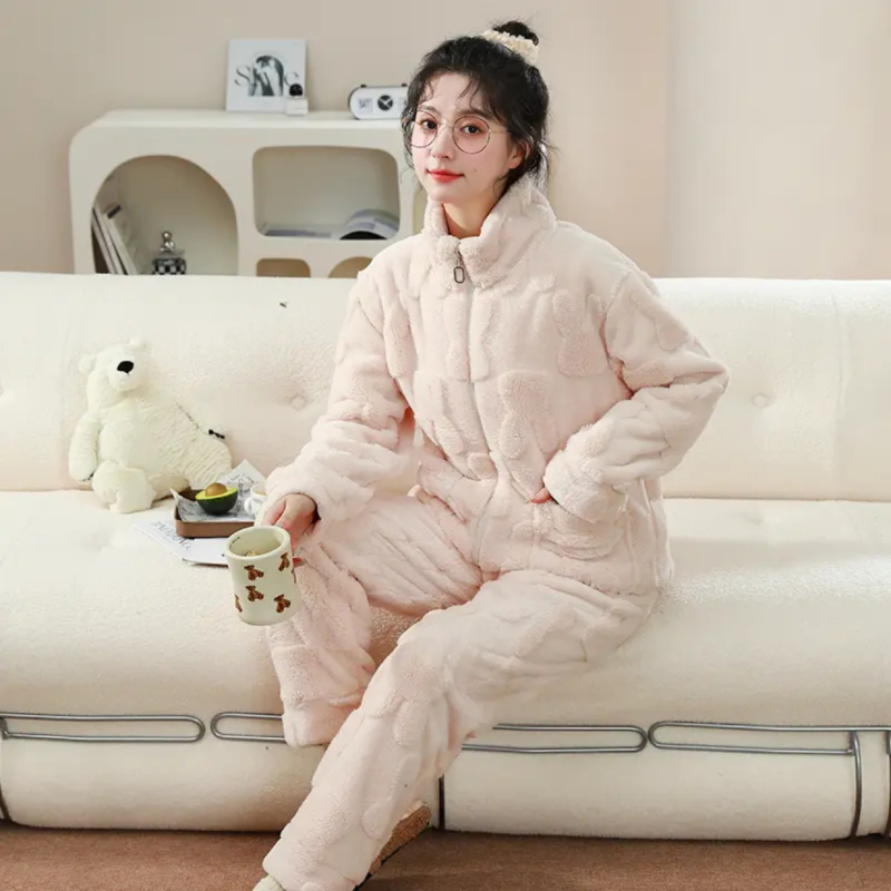 Kućni set od koralnog baršuna s kapuljom i zatvaračem, minimalistički kardigan stil, 80-90% pamuk, ekstra debela tkanina.