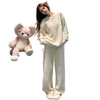 Ženski zimski set pidžama od poluvlura — okrugli ovratnik, dugi rukavi, ekstra debela tkanina (351–400 g/m²), elastan