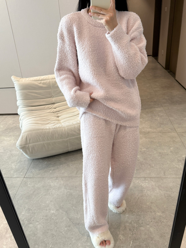 Ženski zimski set pidžama od poluvlura — okrugli ovratnik, dugi rukavi, ekstra debela tkanina (351–400 g/m²), elastan