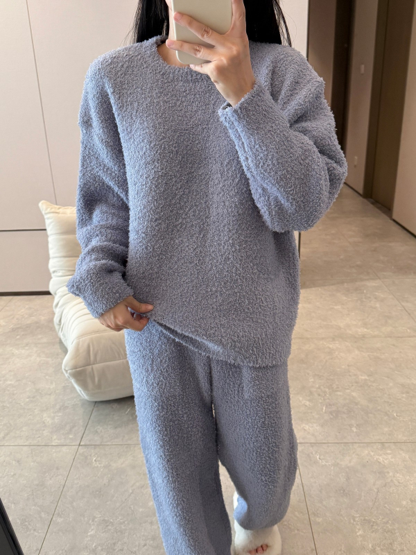 Ženski zimski set pidžama od poluvlura — okrugli ovratnik, dugi rukavi, ekstra debela tkanina (351–400 g/m²), elastan