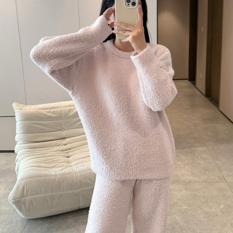 Ženski zimski set pidžama od poluvlura — okrugli ovratnik, dugi rukavi, ekstra debela tkanina (351–400 g/m²), elastan