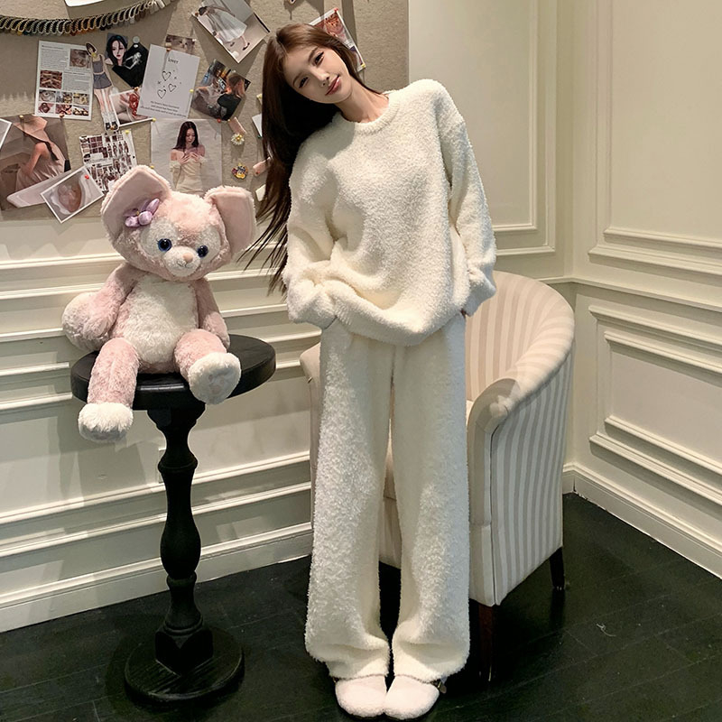 Ženski zimski set pidžama od poluvlura — okrugli ovratnik, dugi rukavi, ekstra debela tkanina (351–400 g/m²), elastan