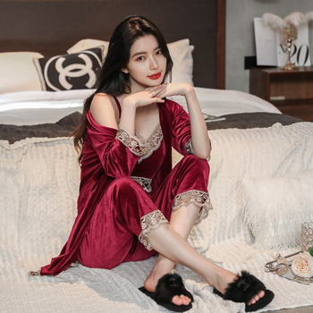 Set pidžame od baršuna s jastučićem za prsa – tri dijela, dugi rukavi, duge hlače, za žene