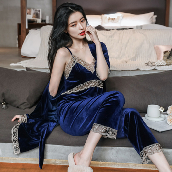 Set pidžame od baršuna s jastučićem za prsa – tri dijela, dugi rukavi, duge hlače, za žene