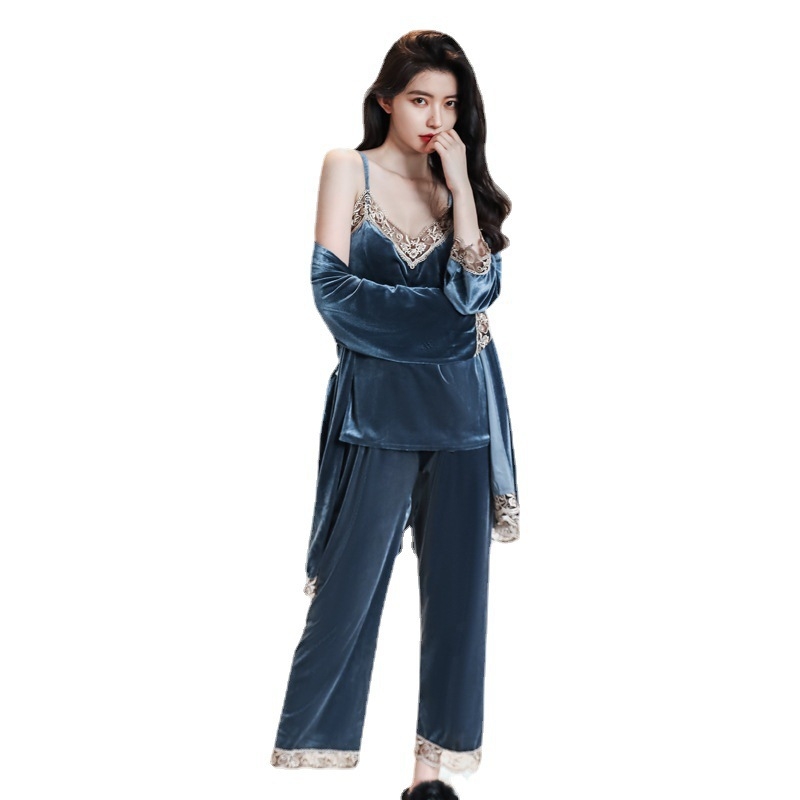 Set pidžame od baršuna s jastučićem za prsa – tri dijela, dugi rukavi, duge hlače, za žene