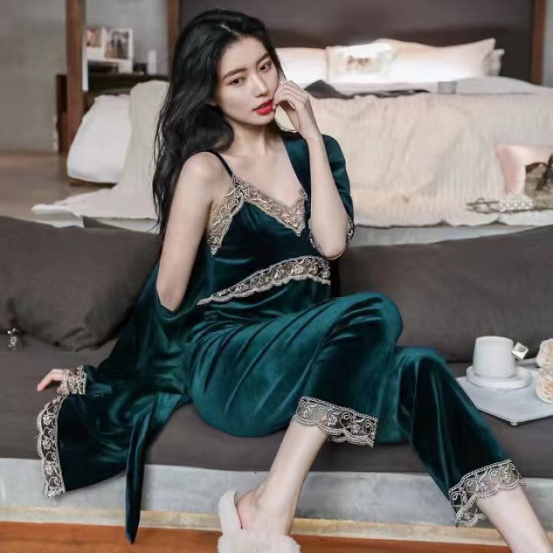 Set pidžame od baršuna s jastučićem za prsa – tri dijela, dugi rukavi, duge hlače, za žene