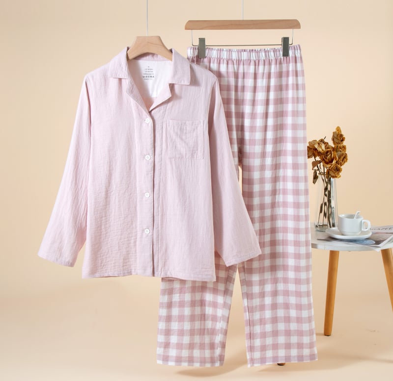 Ženski set pidžama od 100% pamuka, dvostruki sloj gaze, dugi rukav, ovratnik tipa Lapel, dugački hlače, bez uzoraka, pogodan za proljeće i jesen.