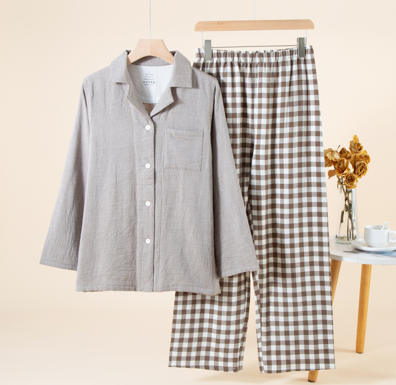 Ženski set pidžama od 100% pamuka, dvostruki sloj gaze, dugi rukav, ovratnik tipa Lapel, dugački hlače, bez uzoraka, pogodan za proljeće i jesen.